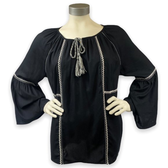 NWT Black Karen Kane Blouse with White Embroidered Zig-Zag and Tassel Si… - Picture 3 of 9